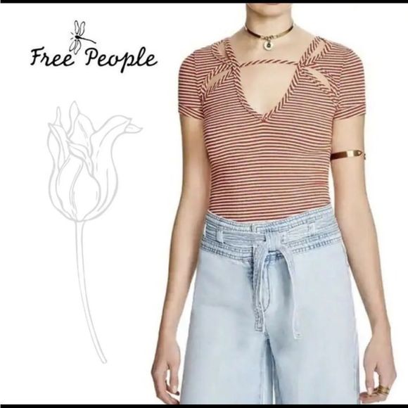 Free People Frenchie Striped Cutout Tee Size L - Picture 3 of 12